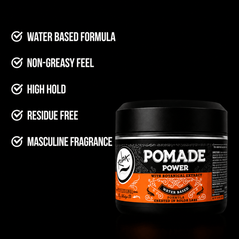 Rolda Pomade Power water based formula benefits and features graphic from Primos Barber Supply