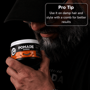 Rolda Pomade Power styling and application pro tip graphic from Primos Barber Supply