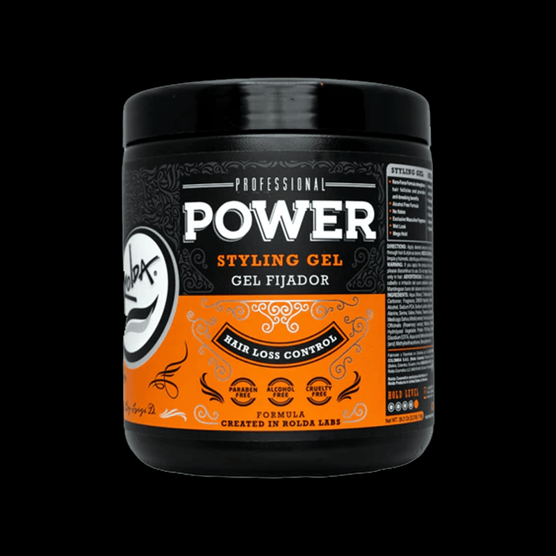 Rolda Mega Strong Hold High Shine Power Styling Gel on black background
