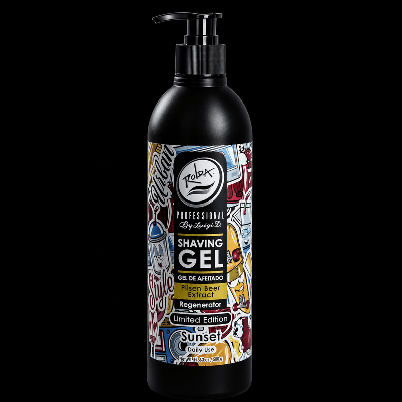 Rolda Professional Shaving Gel Sunset Limited Edition bottle available at Primos Barber Supply