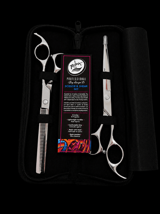 Rolda Silver 8 Inch Shear Set with cutting shear and thinning shear in protective zip case for professional barbers and hairstylists