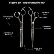 Rolda Silver 8 Inch Shear Set with convex edge blade, 43 tooth thinning shear, lightweight ergonomic handles and stainless steel construction