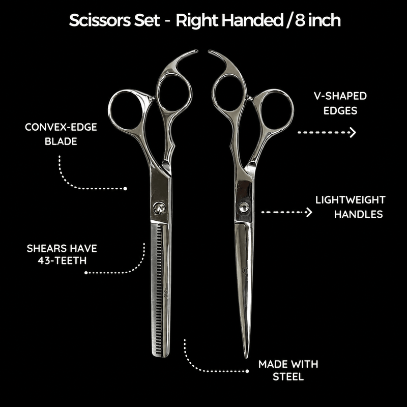Rolda Silver 8 Inch Shear Set with convex edge blade, 43 tooth thinning shear, lightweight ergonomic handles and stainless steel construction