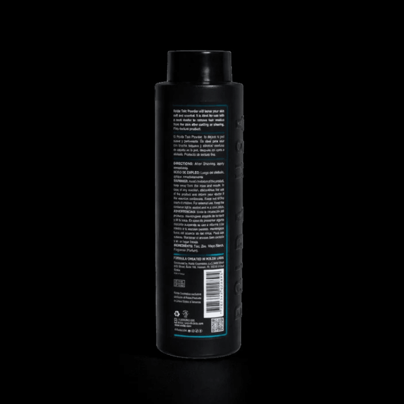 Black bottle with text and a barcode on a black background
