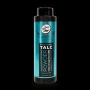Talc powder bottle with blue label and black cap on a black background