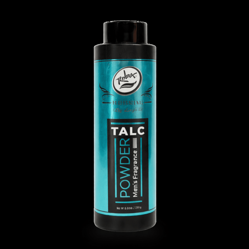Talc powder bottle with blue label and black cap on a black background