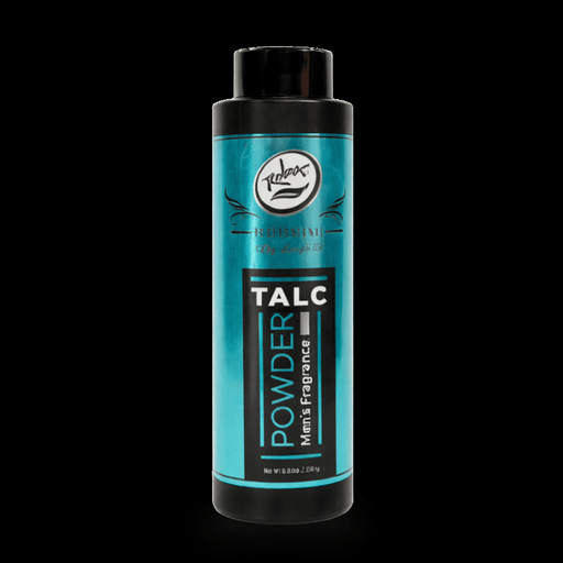 Talc powder bottle with blue label and black cap on a black background