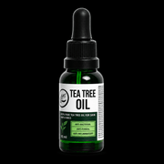 Rolda Tea Tree Beard Oil dropper bottle with green glass and tea tree label, front view on a black background