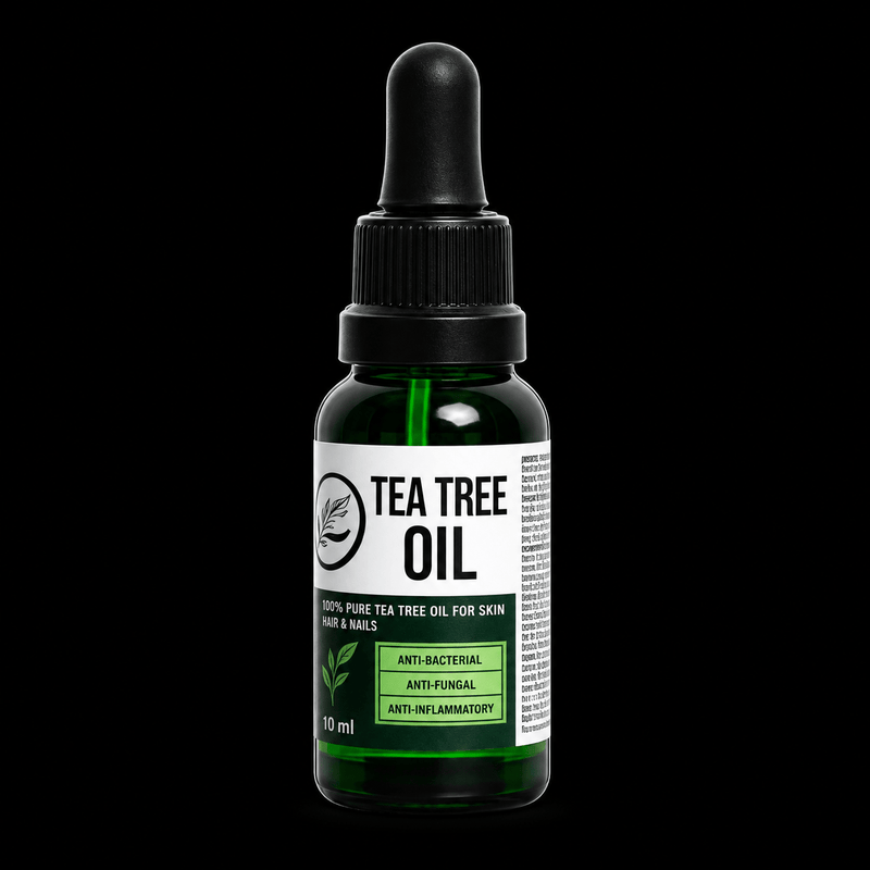Rolda Tea Tree Beard Oil dropper bottle with green glass and tea tree label, front view on a black background