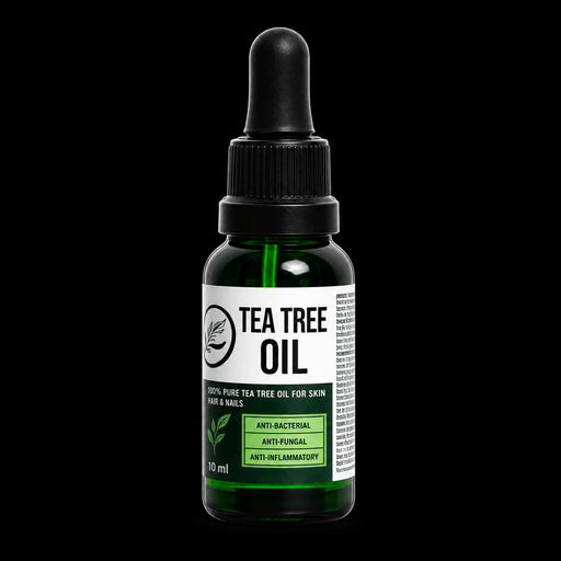 Rolda Tea Tree Beard Oil dropper bottle with green glass and tea tree label, front view on a black background