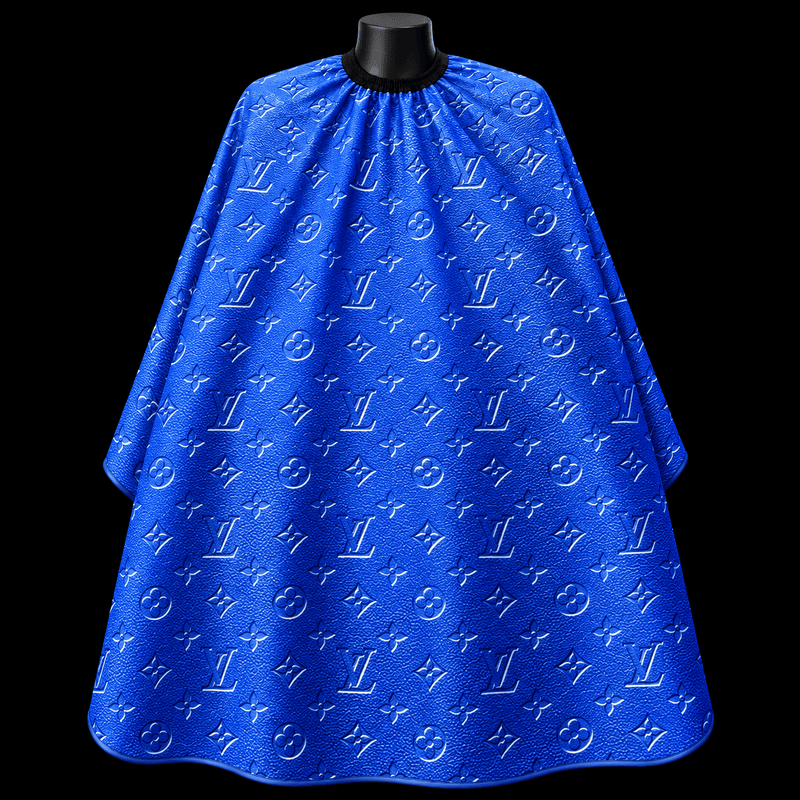 Royal Blue Monogram Barber Cape - front-facing view showing the all-over blue monogram print design on a lightweight water-resistant polyester cape
