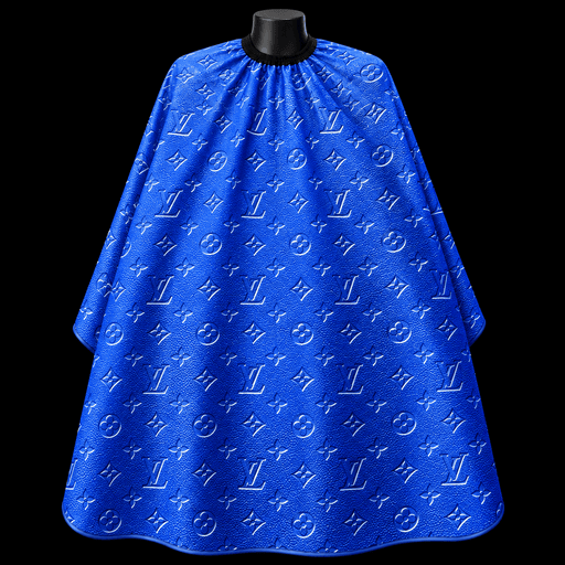 Royal Blue Monogram Barber Cape - front-facing view showing the all-over blue monogram print design on a lightweight water-resistant polyester cape
