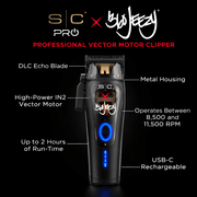 SC Pro x 360 Jeezy professional vector motor clipper infographic showing DLC blade, metal housing, RPM range and USB-C charging. Primos Barber Supply