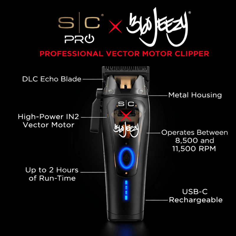 SC Pro x 360 Jeezy professional vector motor clipper infographic showing DLC blade, metal housing, RPM range and USB-C charging. Primos Barber Supply