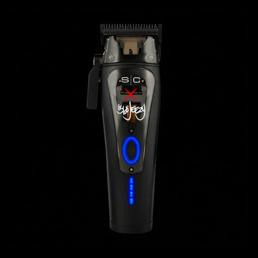 SC Pro x 360 Jeezy professional vector motor clipper front view with blue LED display on black background. Primos Barber Supply