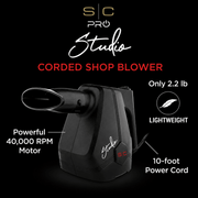 SC Pro Studio corded shop blower with features highlighted on a black background