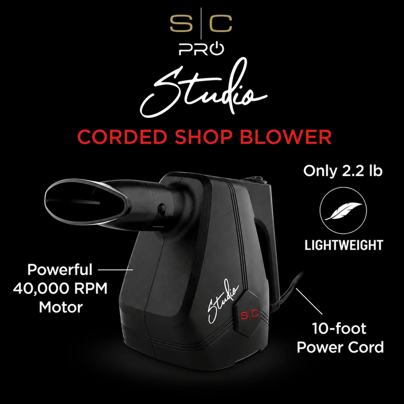 SC Pro Studio corded shop blower with features highlighted on a black background