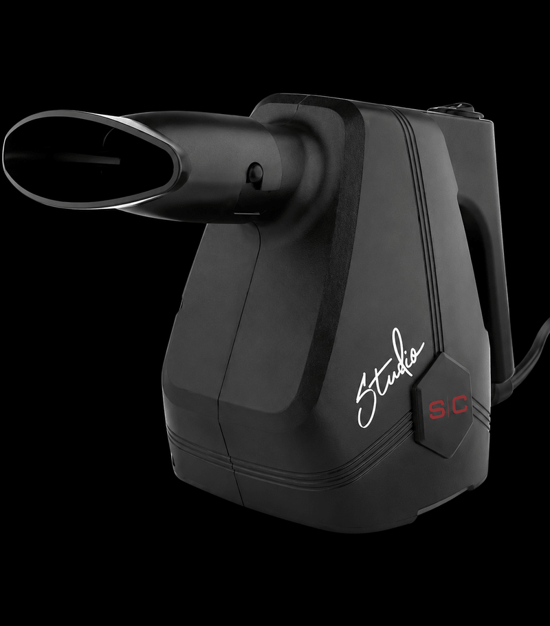 Black handheld device with 'Studio' branding on a black background