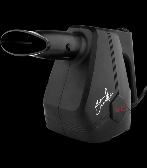 Black handheld device with 'Studio' branding on a black background