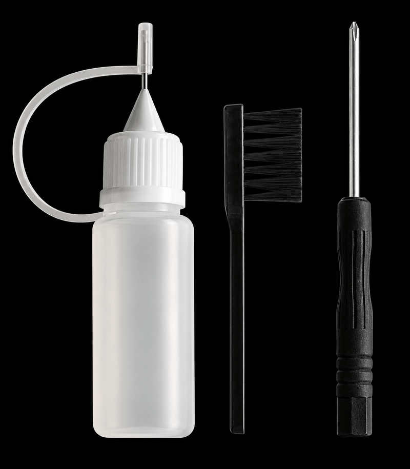 Cleaning tool set with bottle, brush, and screwdriver on a black background