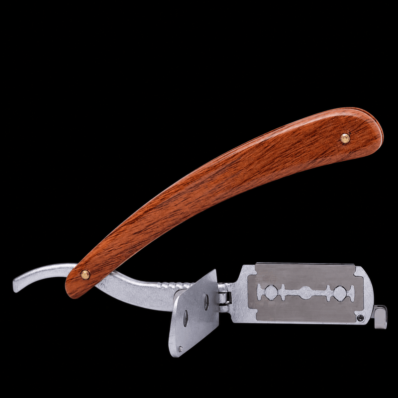 Scalpmaster Barber Paddle Razor – faux wood handle professional barber straight razor close-up