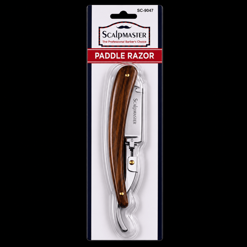 Scalpmaster Barber Paddle Razor – professional shavette with faux wood handle front view