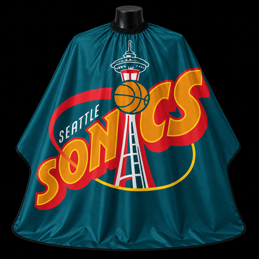 Seattle Sonics Barber Cape - front-facing view showing the retro Space Needle team logo print on a teal lightweight water-resistant polyester cape