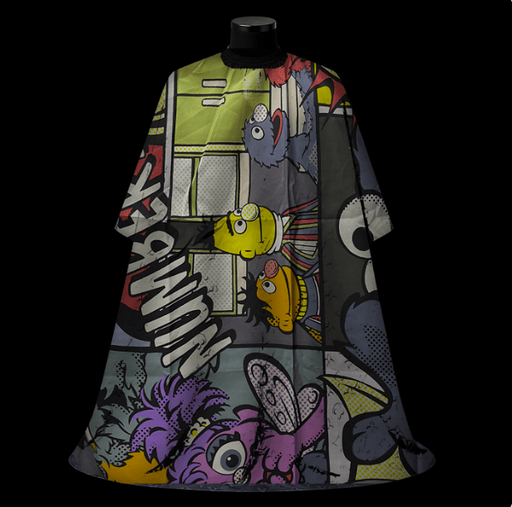 Sesame Street Kids Barber Cape - front-facing view showing the zombie puppet character comic print in multicolor on a lightweight water-resistant polyester cape