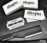 Shapu double edge razor blades with packaging and blades displayed on countertop