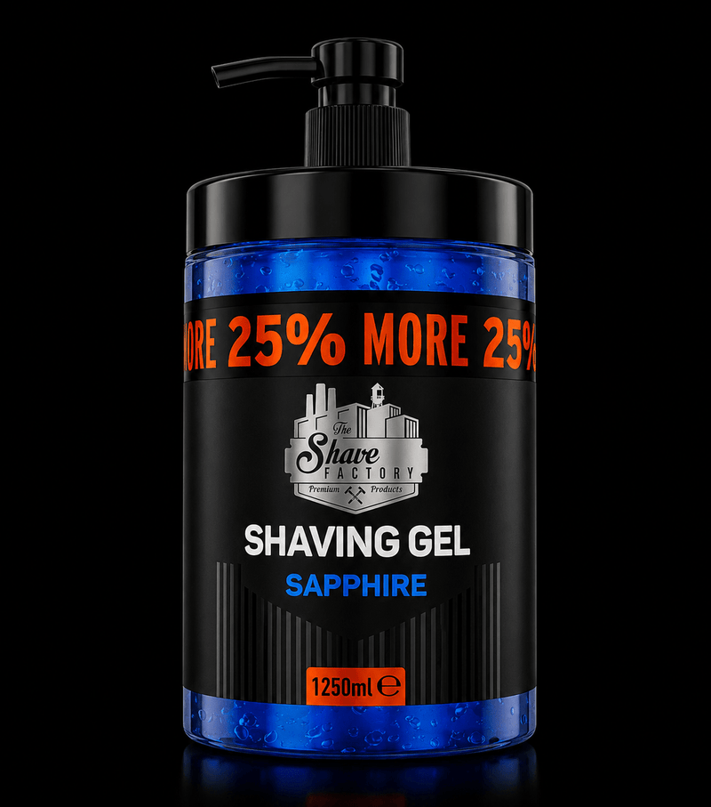 Shaving gel container with black and blue design on a black background