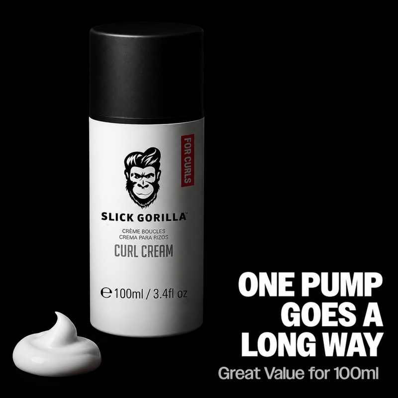 Slick Gorilla Curl Cream one pump goes a long way promotional graphic