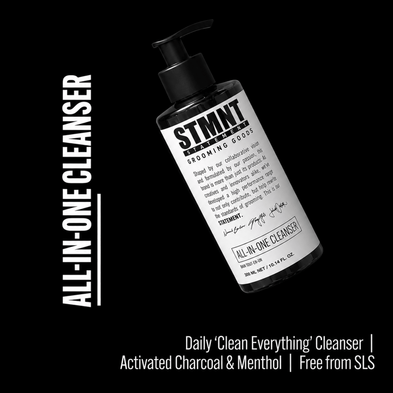 STMNT All In One Cleanser promotional graphic with product details