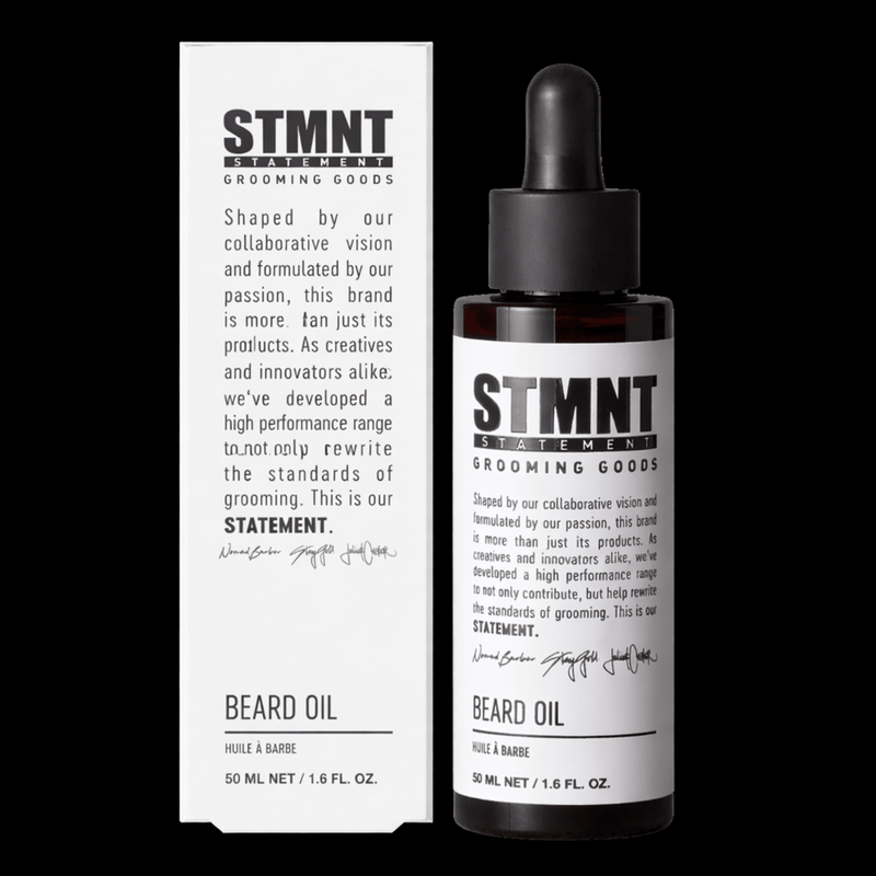 STMNT beard oil bottle front and side view barber grooming product for soft and manageable beard Primos Barber Supply