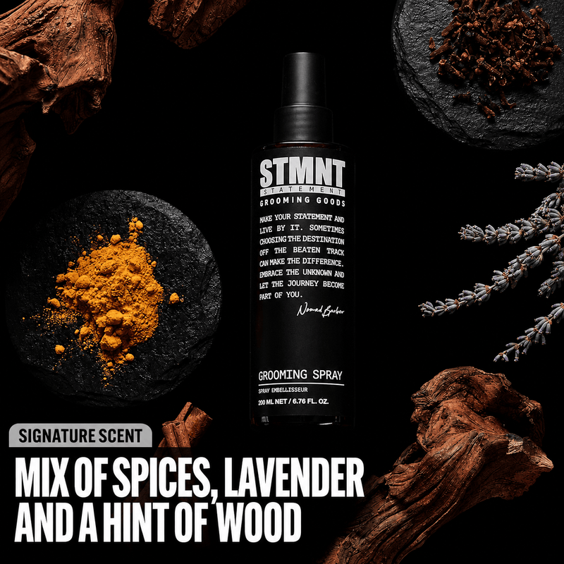 STMNT Grooming Spray signature scent with spices lavender and woody fragrance notes