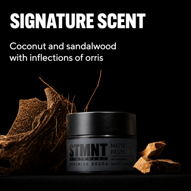 STMNT matte paste coconut sandalwood scent hair styling paste fragrance detail