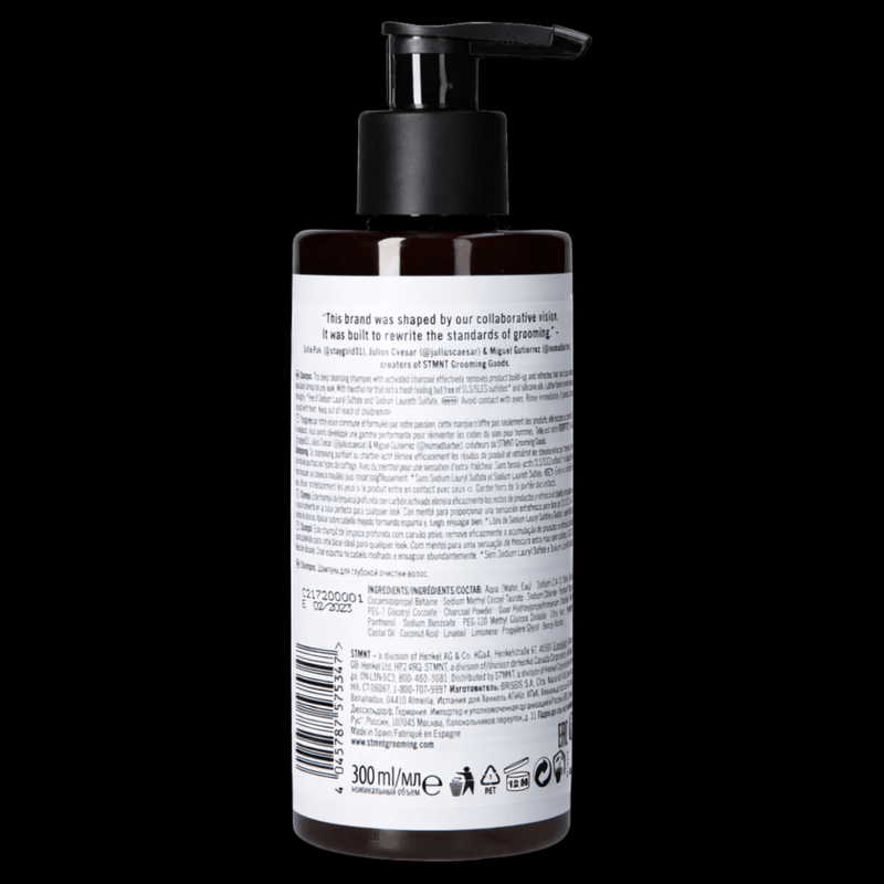 STMNT shampoo back label barber hair care product ingredients deep cleansing formula Primos Barber Supply