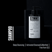 STMNT shampoo features deep cleansing activated charcoal menthol formula for fresh clean scalp Primos Barber Supply