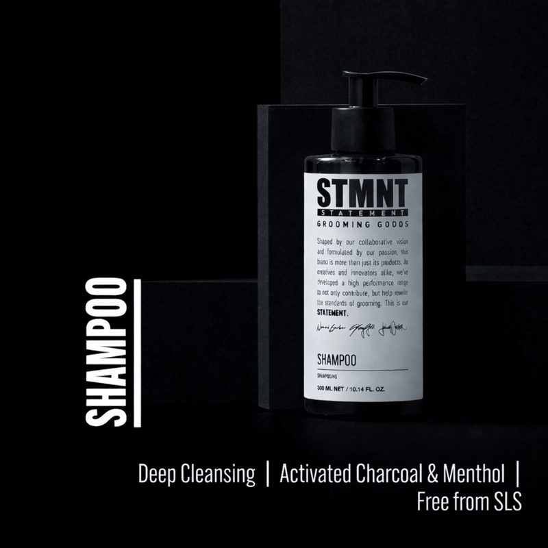 STMNT shampoo features deep cleansing activated charcoal menthol formula for fresh clean scalp Primos Barber Supply