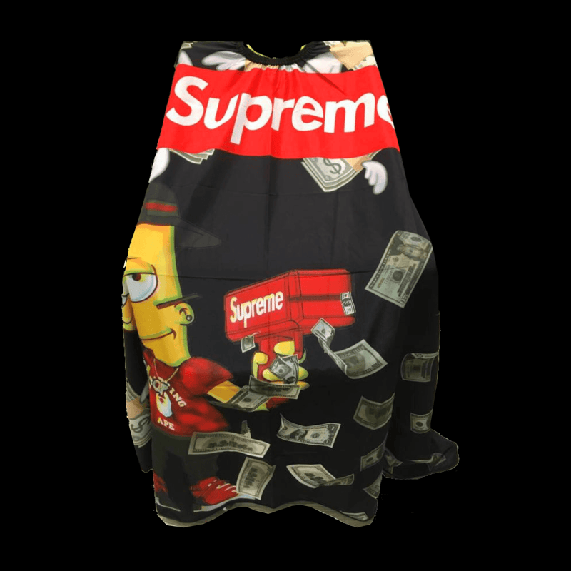 Bart Supreme Barber Cape - front-facing view showing the black streetwear graphic with cartoon character and money print on a lightweight water-resistant polyester cape
