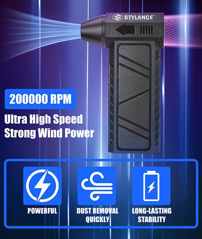 Graphic showing the STYLANCE Mini Hair Air Duster airflow, dust removal, and battery stability