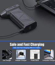 STYLANCE Mini Hair Air Duster charging from a laptop, with car charger, wall adapter and power bank options