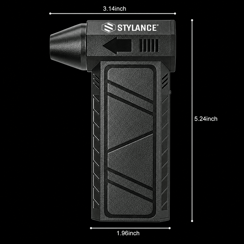STYLANCE Mini Hair Air Duster dimension diagram: 5.24 in tall, 3.14 in deep, 1.96 in wide