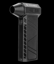 STYLANCE Mini Hair Air Duster in black on a black background, angled front view showing the cone nozzle and USB-C port
