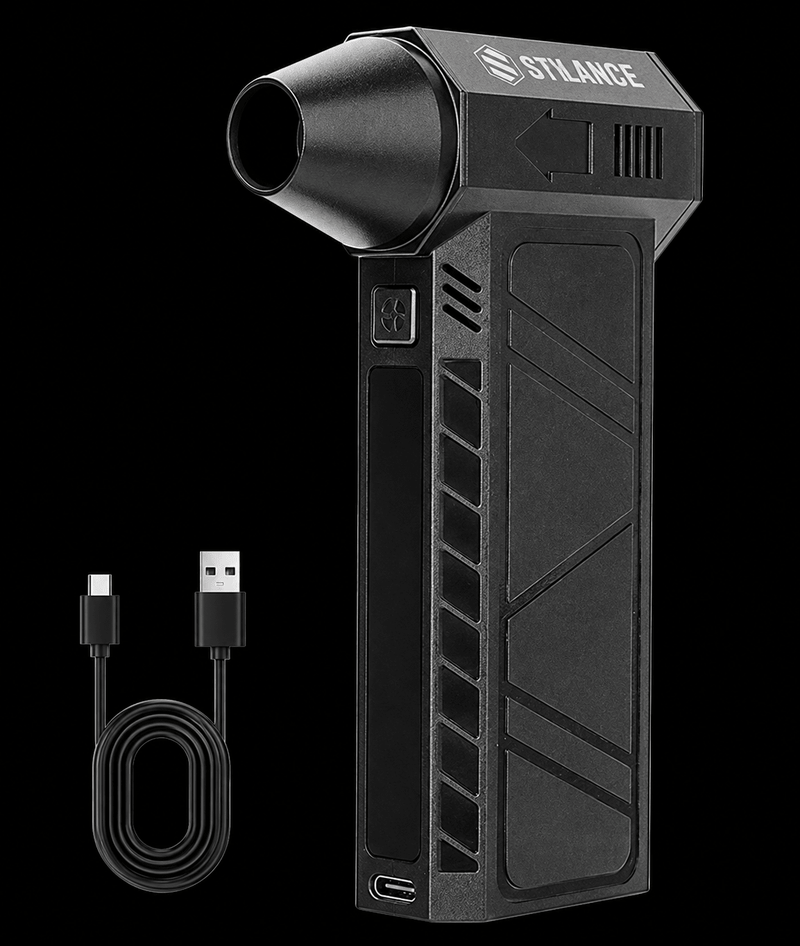 STYLANCE Mini Hair Air Duster shown with the included USB-C charging cable on a black background