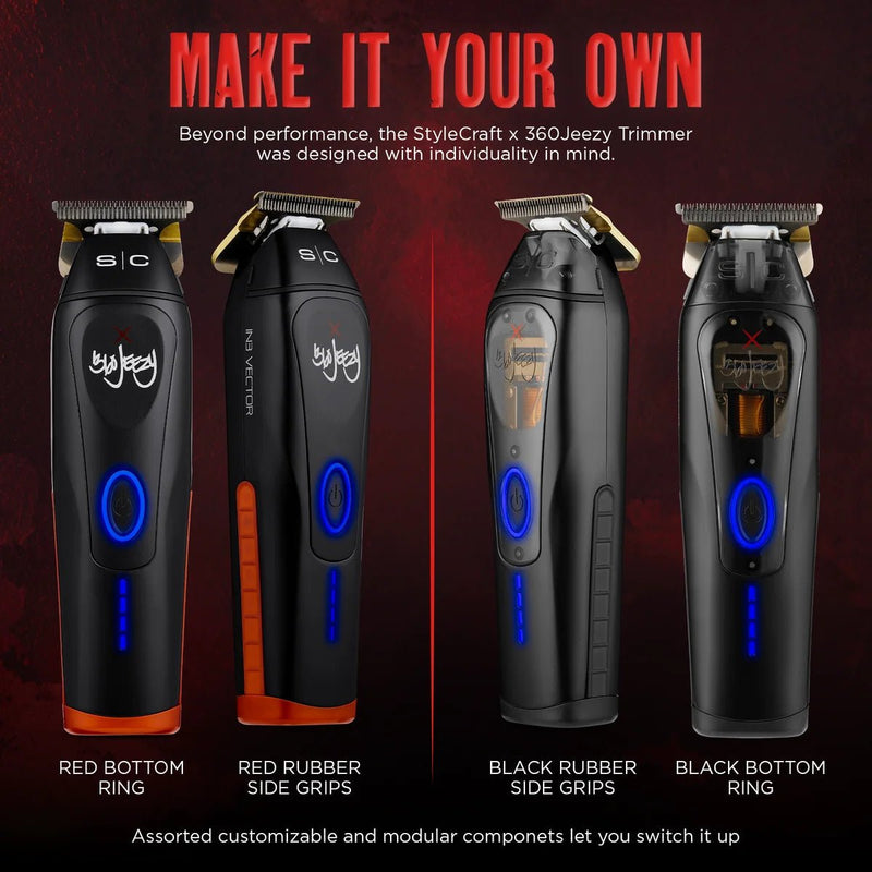 StyleCraft x 360 Jeezy Cordless Trimmer SC423B - Make It Your Own graphic showing red bottom ring, red rubber side grips, black rubber side grips and black bottom ring options