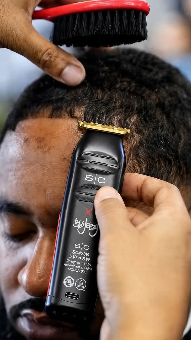 StyleCraft x 360 Jeezy Cordless Trimmer SC423B - lining up a client's hairline, SC423B model label visible on the housing