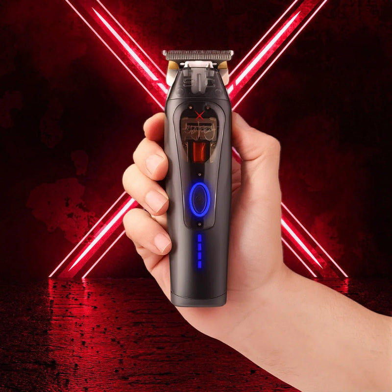 StyleCraft x 360 Jeezy Cordless Trimmer SC423B - held in hand against the 360Jeezy red X backdrop