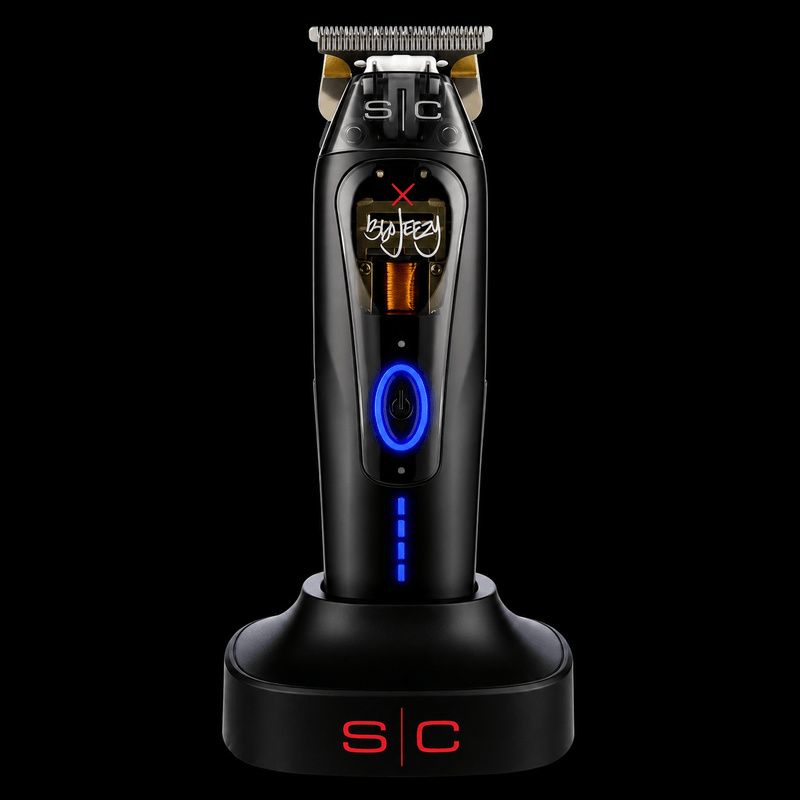 StyleCraft x 360 Jeezy Cordless Trimmer SC423B - standing on its charging stand with blue LED power ring and exposed IN3 motor window