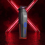 StyleCraft x 360 Jeezy Cordless Trimmer SC423B - trimmer with red side grips against the 360Jeezy red X backdrop
