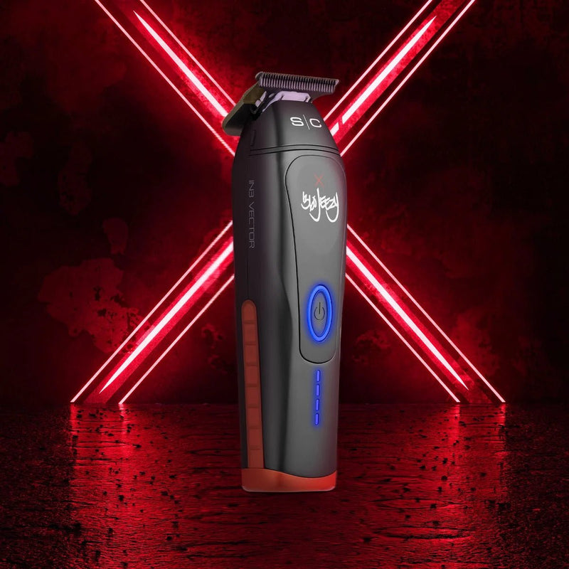 StyleCraft x 360 Jeezy Cordless Trimmer SC423B - trimmer with red side grips against the 360Jeezy red X backdrop